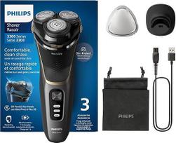 "PHILIPS Shaver Series 3000" elektrinis vyriškas skustuvas šlapiam ir sausam skutimuisi juodos spalvos su "SkinProtect" technologija, atlenkiamu barzdos kirptuvu, įkrovimo stotele ir kelioniniu krepšeliu (modelis S3342/13)