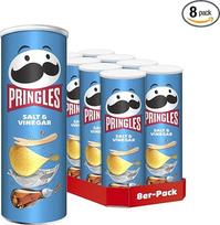 "Pringles Salt & Vinegar" (8 x 165 g) - nepakartojami klasikiniai užkandžiai patogioje skardinėje - traškūs traškučiai su druskos ir acto skoniu - Pop Play. Valgyk.