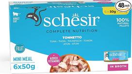 "Schesir", "Bonito in Broth", visavertis drėgnas maistas katėms, skardinėje, su vitaminais, 100% natūrali filė, be žiauraus elgesio, 6 x 50 g