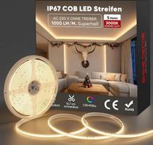 "Shine Decor" COB LED juosta 5 m, kintamosios srovės 230 V IP67 vandeniui atsparus lankstus LED neono pasakų žibintai, 432 šviesos diodų/m itin ryškios juostelės vidaus lauko apšvietimui (3000 K šiltai balta, CE sertifikuota)