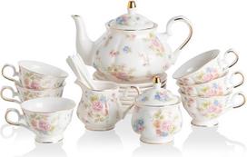 "Sweejar Home" 21 dalių porcelianinis arbatos rinkinys, senovinis gėlių rašto arbatos rinkinys suaugusiesiems, arbatinukas, cukrinė, pieno ąsotis ir šaukštai, skirtas arbatai ir kavai, tinkamas vakarėliams (maža gėlė)