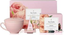 "Tea Forte" dovanų rinkinys - kavos puodelis, arbatos padėklas ir 10 rankų darbo piramidinių arbatos infuzorių (Jardin)