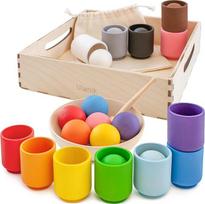 "Ulanik Montessori" medinių žaislų baubliai puodeliuose 12 spalvų nuo 1 metų Spalvų rūšiavimo rinkinys