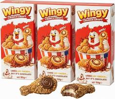 "Wingy Crunch Crispy Chocolate Pack of 3" (3 x 50 g) - traškūs vištienos stiliaus šokoladiniai saldainiai - atrodo kaip vištiena, bet tai šokoladas - originalus smagus užkandis