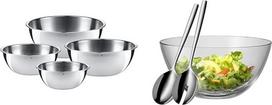 "WMF Gourmet" dubenėlių rinkinys iš 4 dalių, nerūdijančio plieno dubenėliai virtuvei 0,75 l - 2,75 l ir "Taverno" salotų dubenėlių rinkinys iš 3 dalių, 25 cm salotų servizas su salotų dubeniu, apvalus dubuo 23,5 cm, stiklinis, 43 x 30 x 30 cm