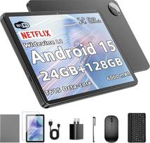 10 colių planšetinis kompiuteris su "Android15": 24GB RAM + 128GB ROM (iki 1 TB), aštuonių branduolių procesorius, IPS HD 1280 x 800 pikselių ekranas, 5 MP ir 8 MP kameros, 6000 mAh baterija, klaviatūra, pelė, "Widevine L1" (juoda), "Gemini AI