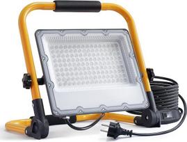 100 W LED statybinis prožektorius su trikoju ir 4 m kabeliu, IP66 vandeniui atspari darbo šviesa su "Schuko" kištuku ir jungikliu, skirta namų renovacijai, dirbtuvėms, statyboms, 6500 K, 10 000 liumenų