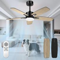 106 cm lubų ventiliatorius su apšvietimu ir nuotolinio valdymo pulteliu, tylus, 106 cm lubų ventiliatorius su LED lempa, 5 medinės ventiliatoriaus mentės, medžio tekstūros/juodas, skirtas miegamajam, svetainei, tvirtinimas ant strypo