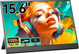 15,6 colių nešiojamasis monitorius, 1080P FHD nešiojamasis monitorius su stovu, mobilusis monitorius IPS ekranas su garsiakalbiais, itin plonas antrasis ekranas nešiojamajam kompiuteriui/PC/Mac/PS4/Switch-USB-C ir HDMI prievadas