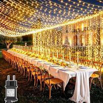 2 lauko šviesos užuolaidų pakuotė, 6 m x 3 m, 600 LED šviesos diodų, užuolaida su kištuku, 8 režimai, laikmatis, vandeniui atsparios šviesos, kabinamos ant sienos, balkono, vestuvių, pavėsinės, pavėsinės, terasos, sodo, lauko dekoracijos