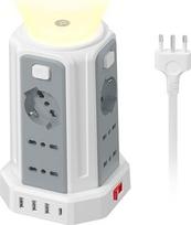 2 m ilgio maitinimo paskirstymo juosta su naktine šviesa, 12 universalių lizdų 10/16A ITA ir Schuko bei 3 USB A + 1 USB C viršįtampių apsauga su 4 nepriklausomais jungikliais biurui, namams