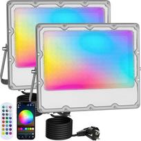 2 RGB lauko prožektorių pakuotė, 100 W, spalvingi LED prožektoriai su "Bluetooth" programėle ir 2.4G nuotolinio valdymo pulteliu, IP66 vandeniui atsparūs, keičiantys spalvas, reguliuojamo apšvietimo prožektoriai vakarėliams, Helovinui, Kalėdoms