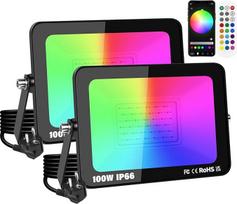 2 vnt. 100 W LED prožektorių, skirtų naudoti lauke, su kištuku, išmaniosios RGB "pasidaryk pats" scenos, spalvas keičiantis kraštovaizdžio apšvietimas su programėlės valdymu, IP66 vandeniui atsparūs prožektoriai sodams