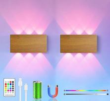 2 vnt. spalvotas RGB baterijų sieninis šviestuvas su jutiklinio valdymo jungikliu LED magnetinis baterijų sieninis šviestuvas 5200 mAh belaidis sieninis šviestuvas, idealiai tinkantis palėpėje, prieškambaryje, miegamajame (mediena)
