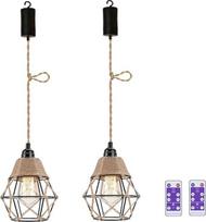 2 x Boho pakabukas lempa su baterija derliaus lubų šviesa be maitinimo jungties baterija veikianti lemputė kabanti lempa baterija pakabukas šviesos baterijos lubų šviesos rotango Lampshade
