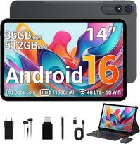 2026 14 colių planšetinis kompiuteris su "Android 16", 36GB RAM + 512GB ROM (TF 1TB), aštuonių branduolių, 4G LTE/5G "Wi-Fi", 2000 × 1200, "WideVine L1", 11580 mAh, 13 MP + 8 MP, "Bluetooth/GPS/Face ID/Tabletas su klaviatūra (pilkas)