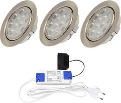 3 LED įleidžiami reflektoriai iš šlifuoto nerūdijančio plieno, 15 mm, plokšti, 3 W šiltai baltos spalvos 3200 K, 200 lm, 12 V, įskaitant 15 W LED transformatorių 230 V ir 1,8 m kabelį, skirtą svetainėms, virtuvėms ir kambariams