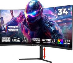 34 colių itin plataus išlenkimo lenktas žaidimų monitorius UWQHD (3440 x 1440), 180 Hz, reguliuojamas aukštis, 21:9, 4000:1, 127 % sRGB, 1500R, 1 ms MPRT, AMD FreeSync, HDMI*2/DisplayPort*2, kompiuterio ekranas juodas