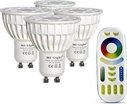 4 x 4 W GU10 RGB + CCT LED prožektorių spalvos keitimas ir CCT WW CW temperatūros reguliavimas, originali "Mi-Light" lemputė su 4 zonų nuotolinio valdymo pulteliu (4x FUT103 + FUT092)