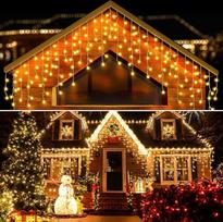 400 LED "Icicle" pasakų žibintai lauke, 10 m išskleidžiamos pasakų šviesos užuolaidos langui su laikmačiu, valdomos vidaus maitinimo šaltiniu, 8 režimai IP44 šiltai balta "Icicle" šviesos užuolaida lauke, skirta karnizo sodui, balkonui