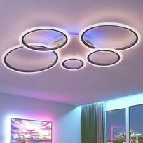 5 žiedų lubų šviestuvas su nuotolinio valdymo programėle, 100 cm RGB reguliuojamo ryškumo lubų šviestuvas su atminties funkcija, modernus kintamos spalvos šviestuvas su laikmačiu miegamajam, svetainei, virtuvei ir biurui, juodas