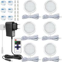 6 LED šviestuvų rinkinys, apšvietimas po spintele, šiltos baltos spalvos, apvalus spintelių apšvietimas su nuotolinio valdymo pulteliu, vitrinų apšvietimas, virtuvės šviestuvai spintelėms, drabužinėms