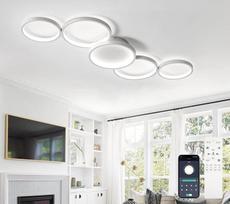 99 cm ilgio LED lubų šviestuvas, reguliuojamas, 5 žiedų lubų šviestuvas, 55 W, su nuotolinio valdymo pulteliu, 3000 K - 6500 K, nemirganti šviesa, atminties funkcija, baltas