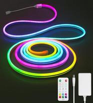 Aclorol 5M Neon LED Streifen RGB IC 24V 300 LED Super hell Flexibel LED Lichtband mit Musik-Sync IP65 wasserdicht inkl. EU Netzteil Fernbedienung für Gaming Zimmer Party Wand Deko 8 * 16mm Weißroh