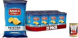 AMICA traškučiai | La Patatina Classica Originale, originalūs klasikiniai traškučiai, užkandžiai be glitimo, su saulėgrąžų aliejumi, 21 x 50 g + itališka gurmaniška polpa 400 g