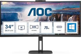 AOC CU34V5CW - 34 colių išlenktas WQHD monitorius, 2 MP interneto kamera, garsiakalbis, reguliuojamas aukštis (3440 x 1440, 100 Hz, HDMI, DisplayPort, USB-C, USB šakotuvas), juodas