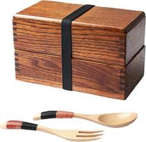 AOOSY Bento Box Meal Natūralaus medžio dvigubo sluoksnio japoniško stiliaus maisto vaisių vaikams ir suaugusiems suši sumuštinių konteineris kelionėms, mokykloms, stovykloms (su šakutės šaukšto rinkiniu)