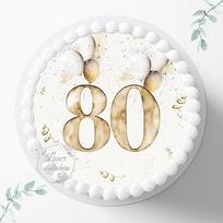 Auksinis 80-ojo gimtadienio torto viršelis su balionais, fondantas gimtadieniui, 20 cm skersmens cukraus atvaizdas, nuotrauka tortams 3073G