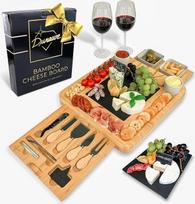 Bambukinė sūrio lenta ir peilių rinkinys Keraminiai dubenėliai Vyno atidarytuvas - 100 % ekologiškos medienos serviravimo padėklas Charcuterie Board Puikus pasirinkimas gurmanams, gimtadienio dovanoms ir mamoms