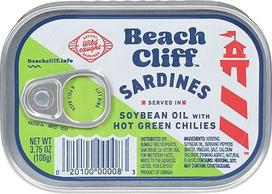 Beach Cliff Sardinės sojų pupelių aliejuje su aštriaisiais žaliaisiais čili, 3,75 uncijos skardinės, 18 vnt.