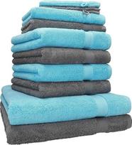 Betz 10 dalių rankšluosčių rinkinys PREMIUM 2 skalbimo rankšluosčiai 16x21 cm 2 rankšluosčiai svečiams 30x50 cm 4 rankšluosčiai rankoms 50x100 cm 2 vonios rankšluosčiai 70x140 cm 100 % medvilnė antracito pilkos ir turkio spalvos
