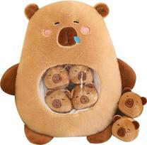 Capybara pliušinis su 6 mielais kūdikiais, pliušiniai žaislai, krepšys su gyvūnų užkandžių pagalvėle, itin minkšta lėlių pagalvėlė kūdikių berniukams mergaitėms (ruda)