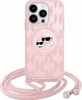 CG MOBILE Karl Lagerfeld KLHMP15SHCKCKKLCP dėklas iPhone 15/14/13 6,1 colio rožinės spalvos kietasis dėklas IML Crossbody Monogram Karl & Choupette Head