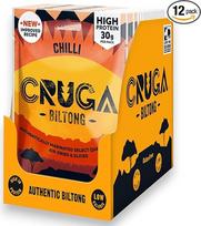 Cruga Biltong Chilli 12 maišelių po 60 g - aukščiausios kokybės jautienos džiovinta mėsa - daug baltymų turintis užkandis su daugiau nei 50 % baltymų - be glitimo, mažai angliavandenių - aštrus jautienos užkandis