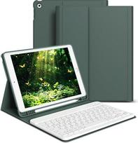 Dėklas su klaviatūra "iPad" 9/8/7 kartos (2021/2020/2019) 10,2 colio, minkšta TPU nugarėlė su rašiklio laikikliu, QWERTZ išdėstymas, magnetinė nuimama "Bluetooth" klaviatūra, vidurnakčio žalia
