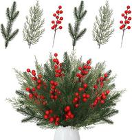 Dirbtinės eglės šakos kaip tikros Kalėdos, eglės žalias dirbtinis raudonų uogų Kalėdų dekoracijos, 65 meninių eglių šakų pakuotė, Holly šakos su uogomis advento vainikui, dekoracijos