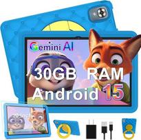DMOAO Vaikų planšetinis kompiuteris 10 colių "Android 15" su 30GB RAM + 64GB ROM (2TB), 5G WLAN 6, "Widevine L1", tėvų kontrolė, 8 branduolių, 6000 mAh, vaikiškas planšetinis kompiuteris su vaikišku EVA dėklu + 360° pasukamu stovu
