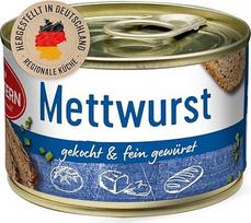 DREISTERN Mettwurst 160 g, su šonine ir prieskoniais, sotus patiekalas perdirbamoje konservų skardinėje, ilgai galiojantis dėl natūralaus konservavimo, naminė kokybė