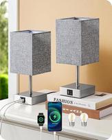 EDISHINE LED naktinis šviestuvas Touch Dimmable 2 modernių stalinių šviestuvų rinkinys Mažas šviestuvas su įkrovimo funkcija 2 USB prievadai Dekoratyvinis miegamasis Svetainė Palangė Dovana Pilkas gaubtas