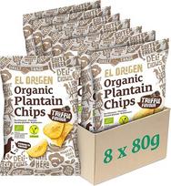 el origen Ekologiški plantanų traškučiai su triufelių aromatu 8 x 60 g - veganiški, be glitimo, be palmių aliejaus, sąžiningai pagaminti Ekvadore, itin traškūs, su švelniu triufelių aromatu