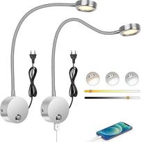ERWEY 2 LED skaitymo lempų pakuotė, sieninis tvirtinimas, sieninė lempa su jutikliniu reguliatoriumi (3000-6000 K), 4 W lovos lempa su 360° lanksčiu "Gooseneck" ir USB įkrovimo prievadu, skirta miegamajam, lovai (sidabrinė)
