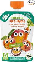 FRECHE FREUNDE Ekologiškas išspaudžiamas obuolių, mangų, persikų, pasiflorų vaisių ir morkų sultys 100 g (6 vnt.)