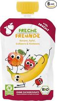 FRECHE FREUNDE Ekologiški išspaudžiami bananai, obuoliai, braškės ir avietės, vaisių užpilas su vaisiais išspaudžiamuose maišeliuose kūdikiams nuo 6 mėn., veganiškas, 6 vnt. (6 x 100 g)