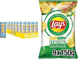 Gaivinanti šaltoji arbata ir traškūs traškučiai: "Lipton Ice Tea Sparkling Lemon Zero" (24 x 0,33 l) ir "Lay's Subway Chicken Terriyaki" (9 x 150 g)