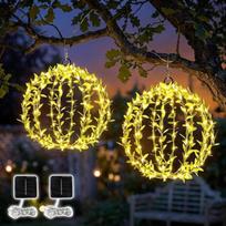 Gresonic 2PC 120LED Saulės lempos Kugel Außen 30cm Hängende Leuchtkugel Lampion Grünem Blatt Kunststoff Lichtkugel 8 Modi, IP44 Gartenleuchten Outdoor DIY Lichterkette für Balkon(2 pc, Warmweiß)