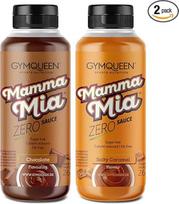 GymQueen Mamma Mia Zero padažas, 2 x 265 ml, šokoladinis + sūrus karamelinis, sumažintas kalorijų kiekis, be riebalų ir cukraus, skirtas patiekalams gardinti arba kaip deserto padažas